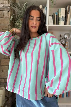 Scamp Lantern Sweatshirt Vertical Stripe Sage & Hot Pink